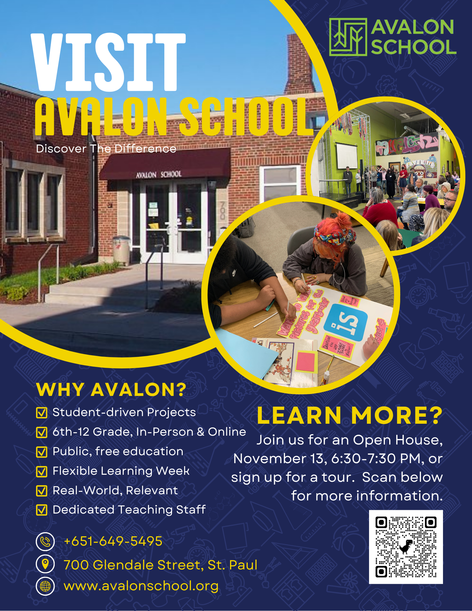 Open House - this Thursday! Come learn about our innovative and award-winning program, tour our space, and get questions answered from Avalon Staff. Thursday, November 13th, 6:30-7:30pm.