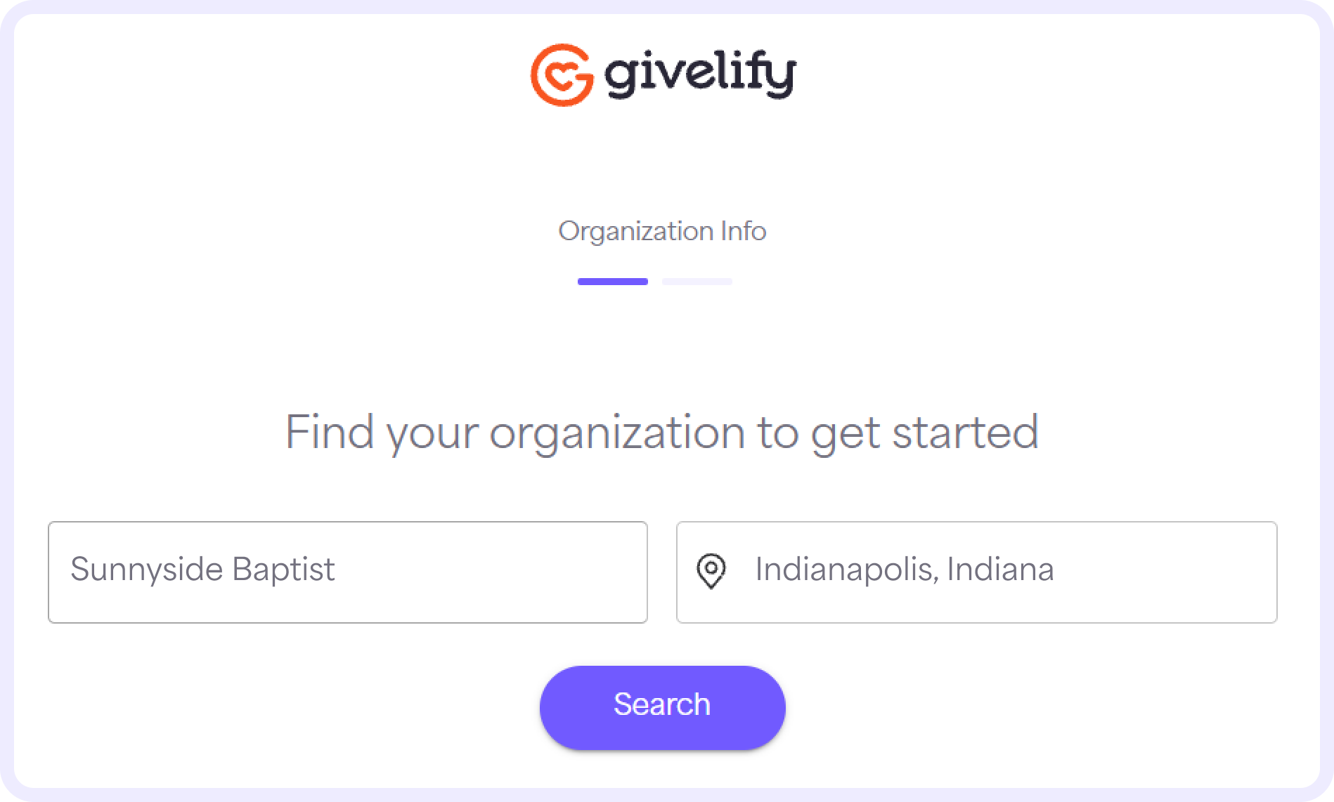 Enter your Organization name and the City, State where your organization is located. Then, select Search.