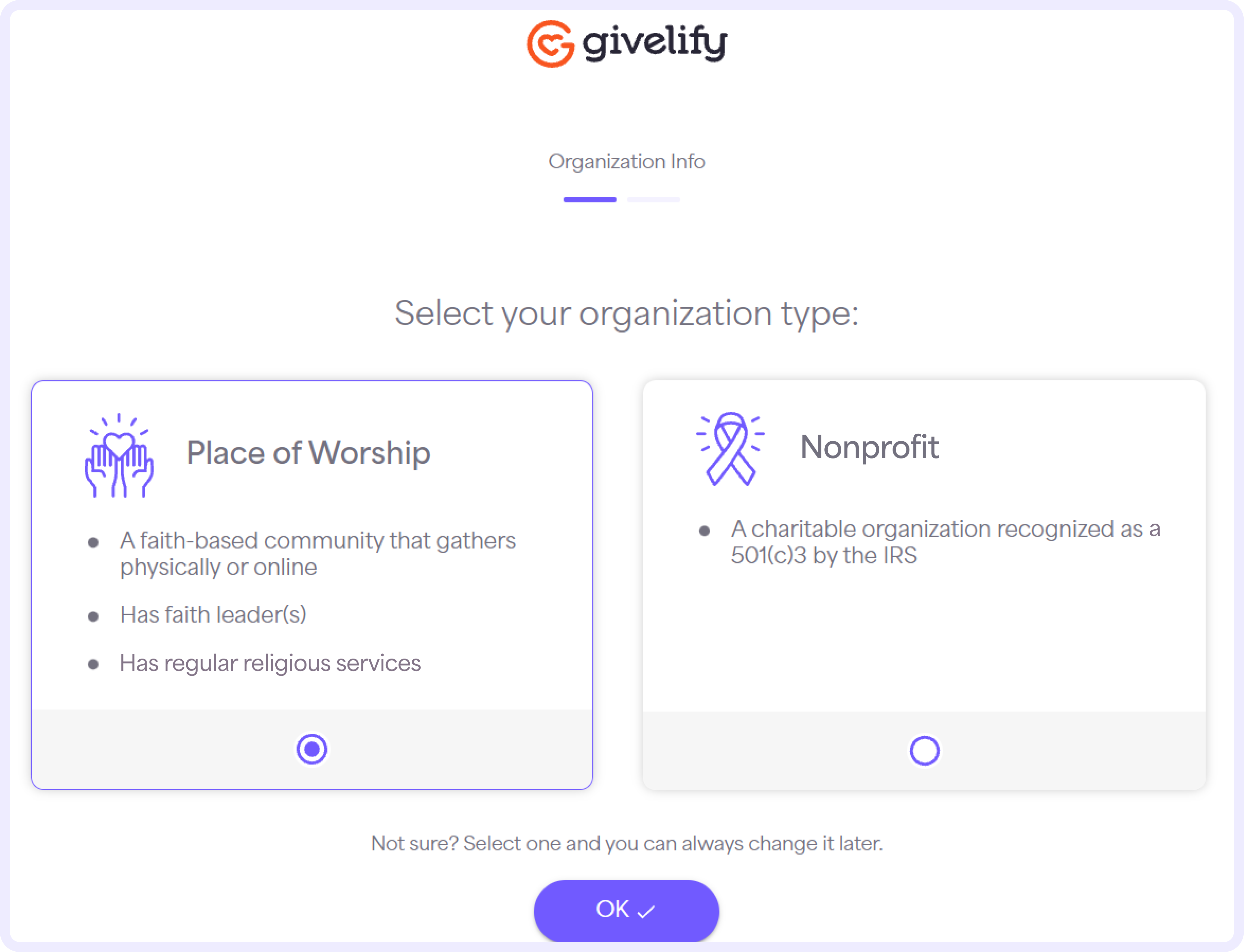 Select Place of Worship for your organization type and press OK.