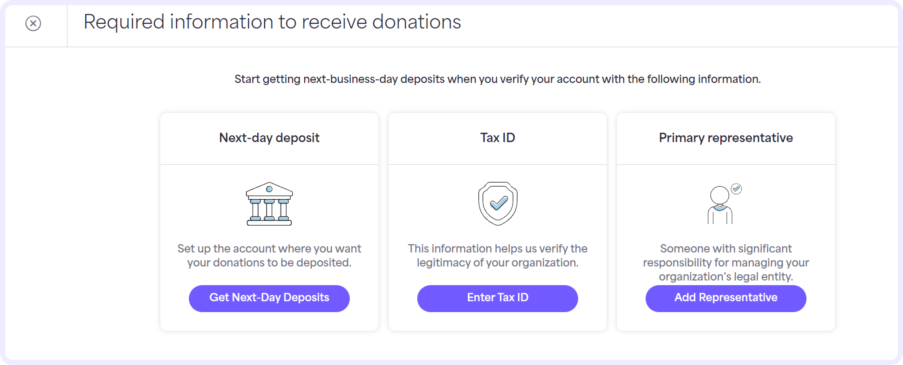 Select Get Next-Day Deposits on the setup menu to add the bank account where you want your donations to be deposited.