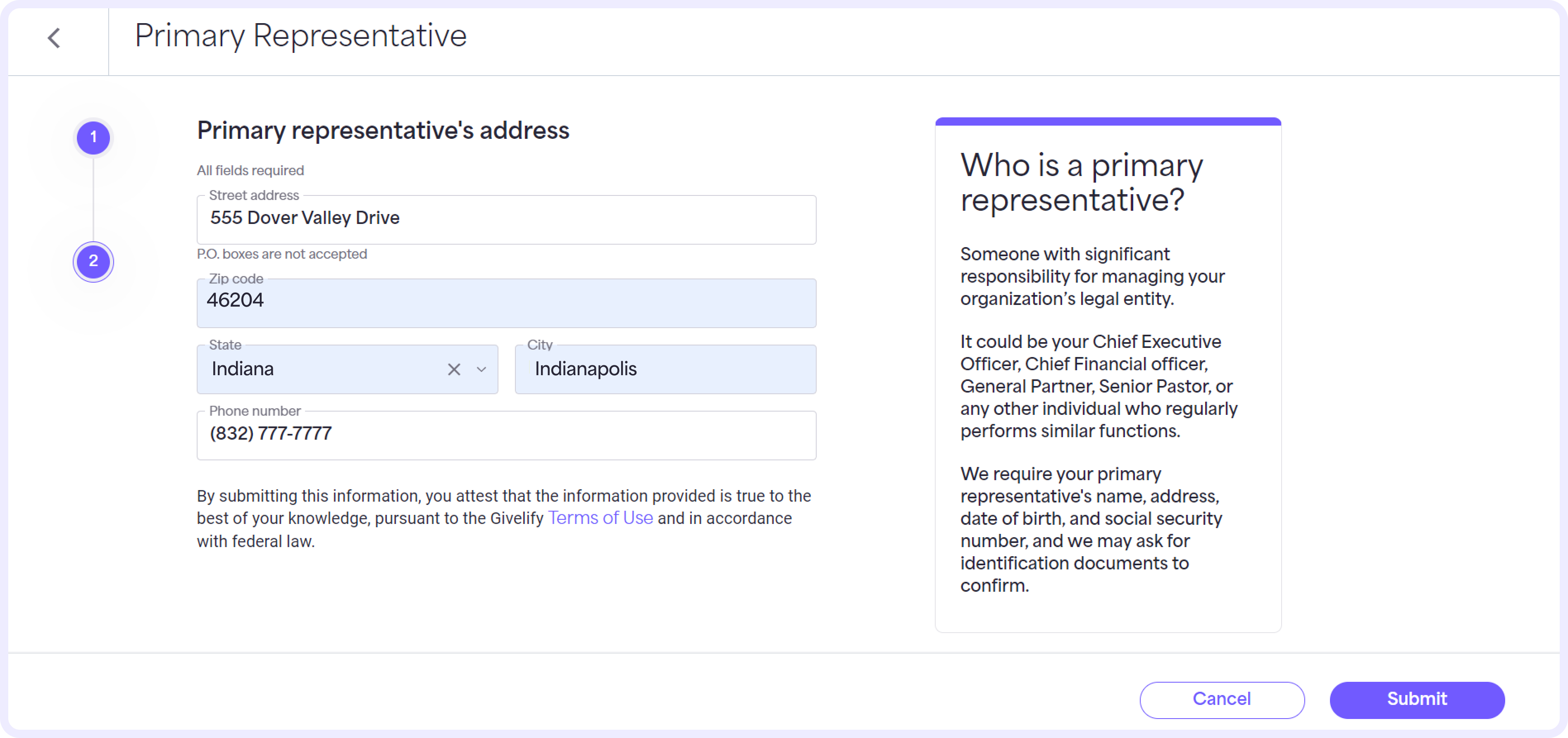 Enter the primary representative’s Street address (P.O. boxes are not accepted), Zip code, State, City, and Phone number. 