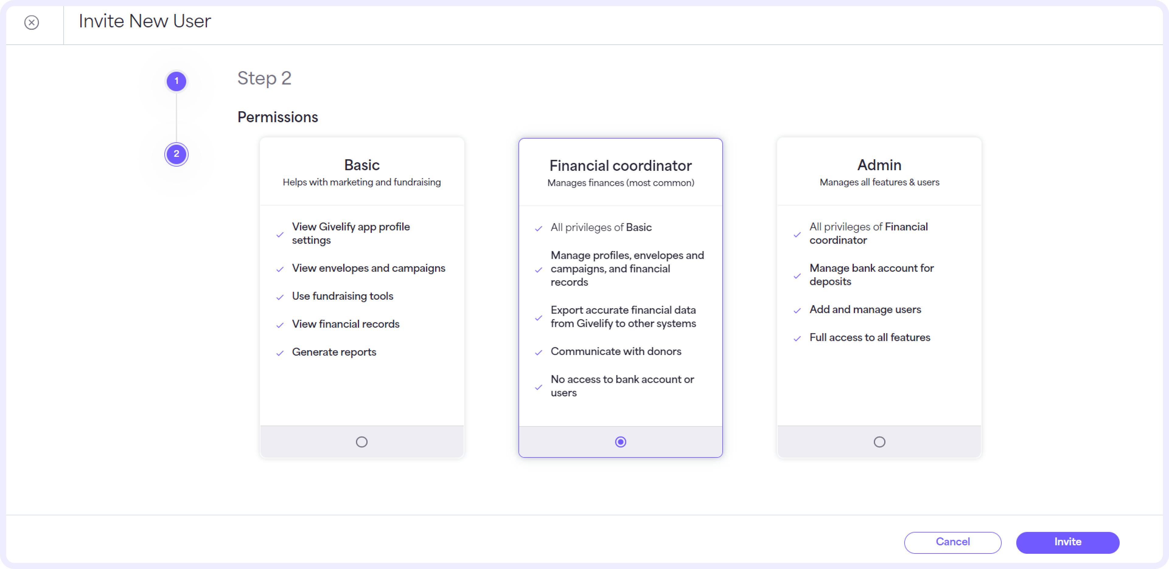 Select the permission level for the new user