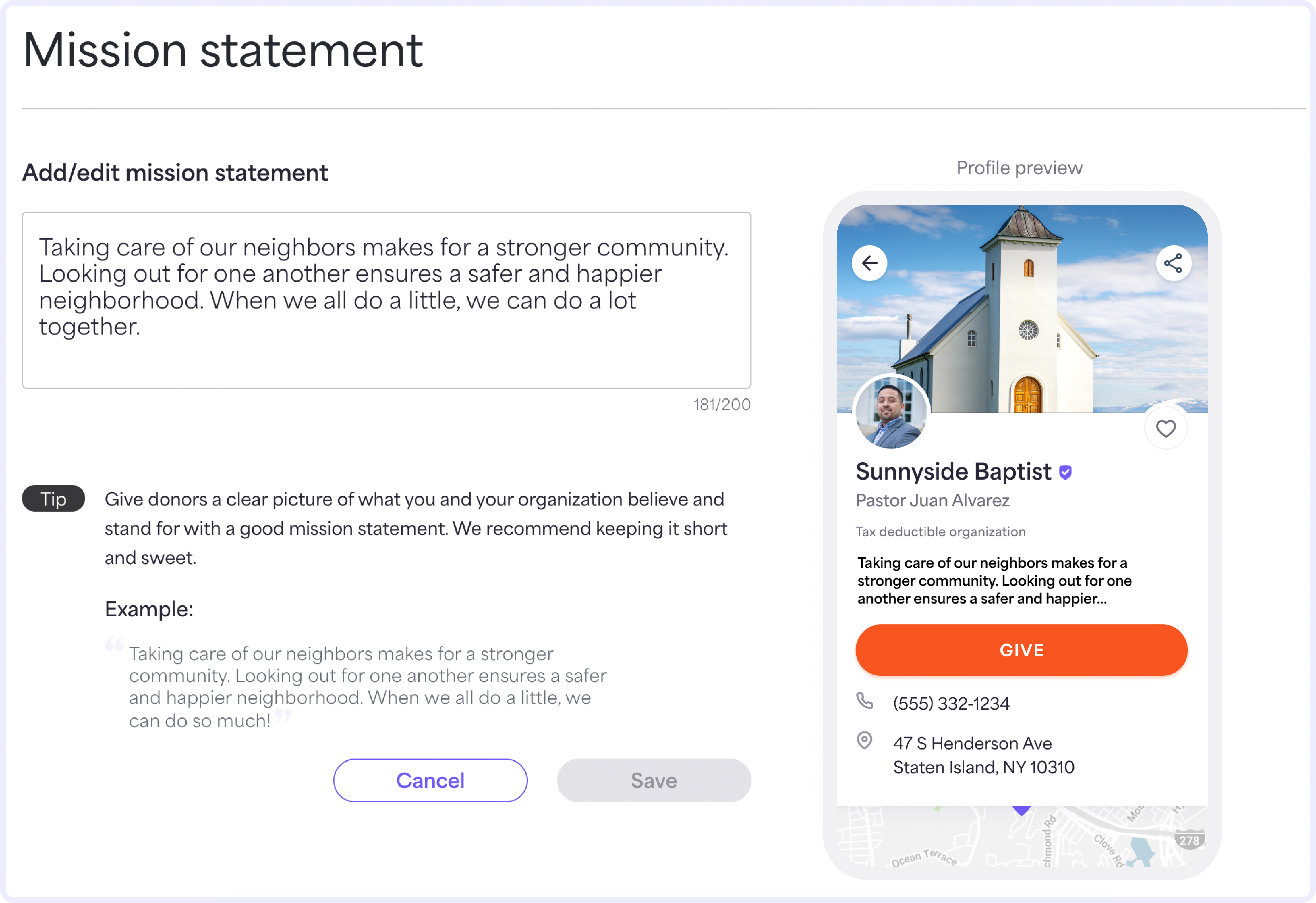 In the text box, enter your mission statement and click Save. There’s a 200-word limit