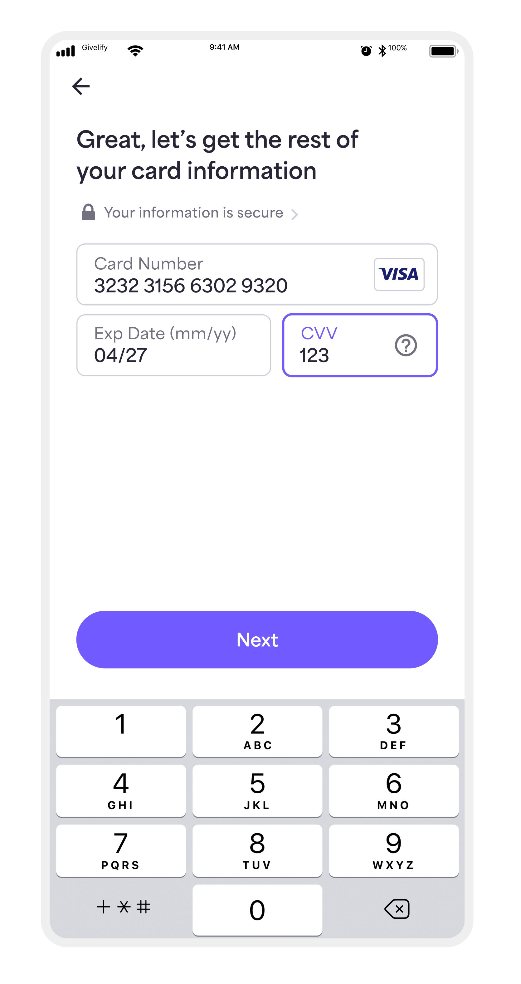  Enter your credit or debit card information and select Next. This information will be securely saved in your profile under Wallet.