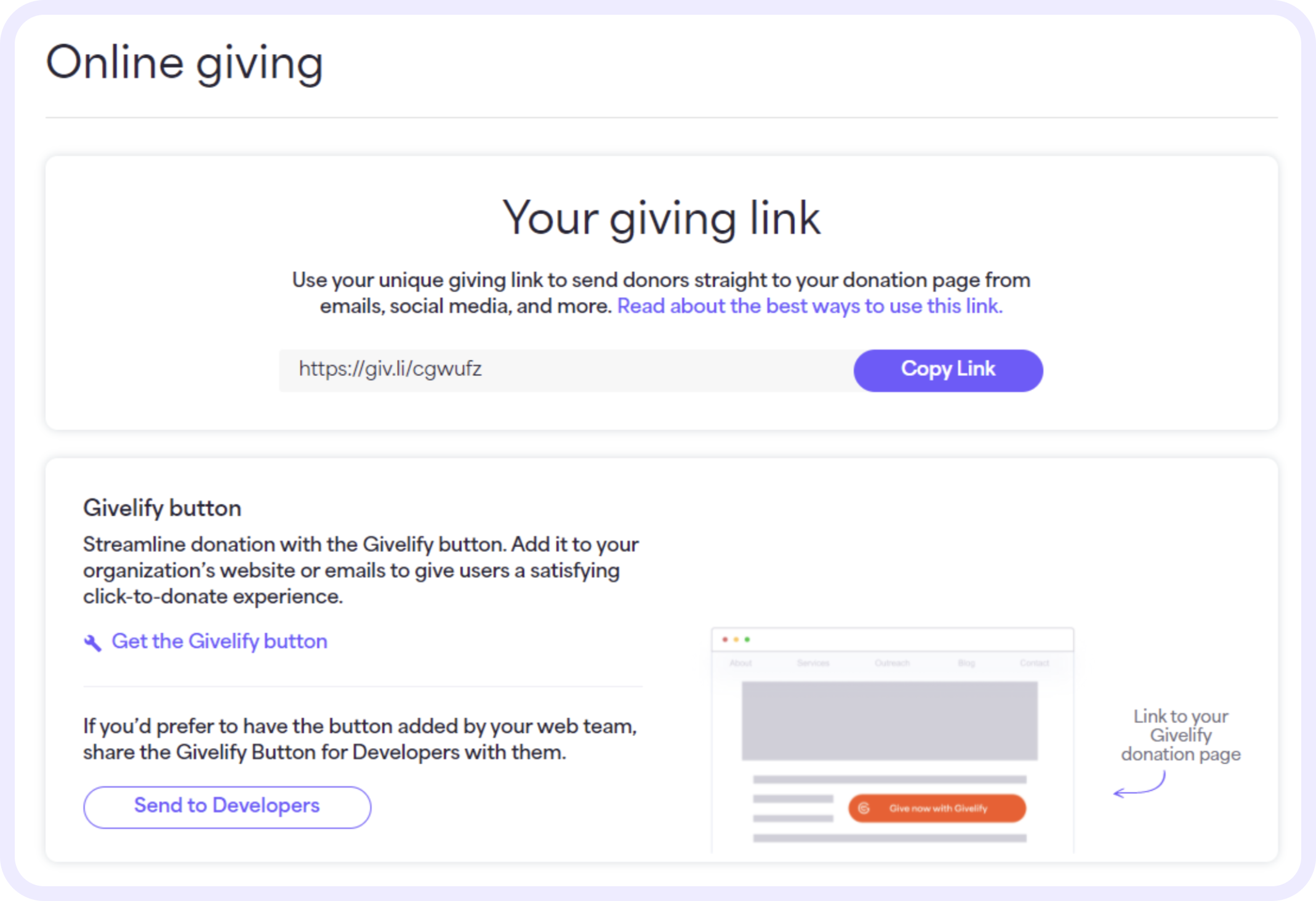  In the Givelify button section, select Get the Givelify button link.