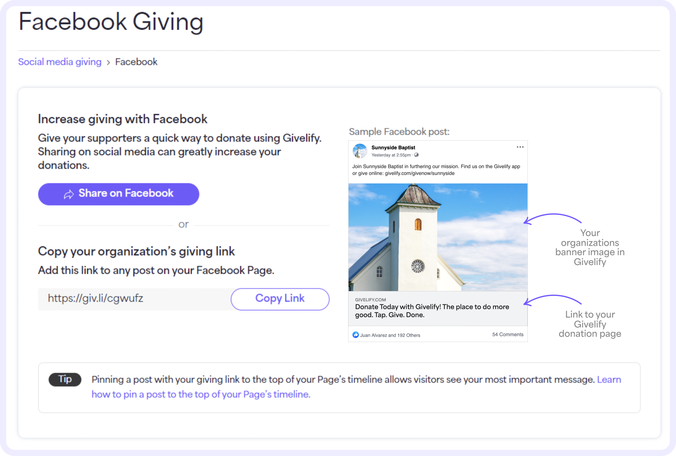 On the Facebook Giving page, select Share on Facebook. Or select Copy Link to add the giving link to a post on your Facebook page. 
