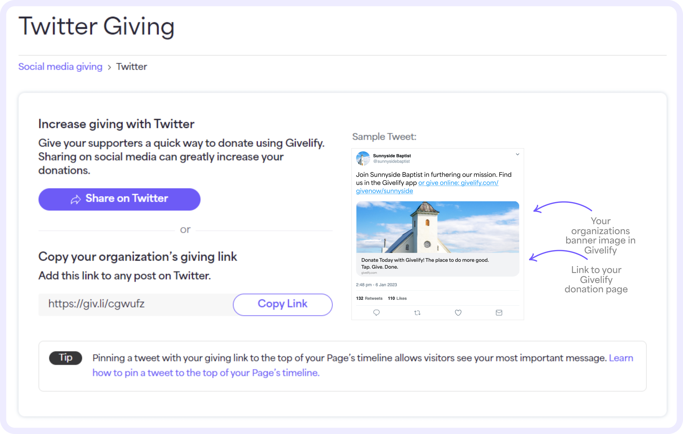  On the Twitter Giving page, select Share on Twitter. Or select Copy Link to add the giving link to a post on your Twitter feed. 