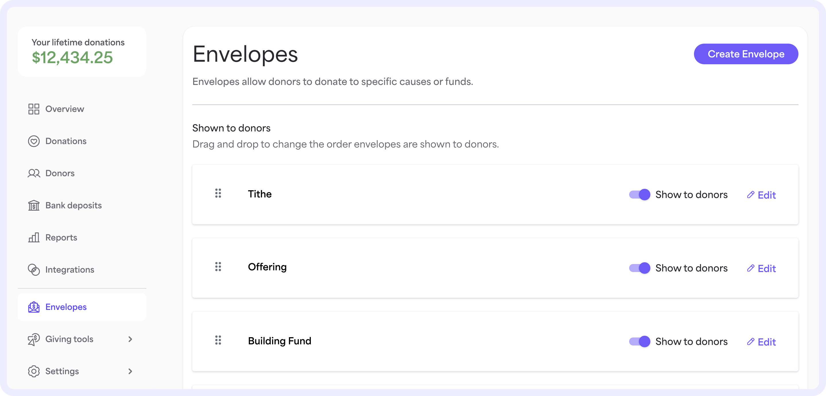 On the Envelopes page, you can view, create, and edit your giving envelopes.