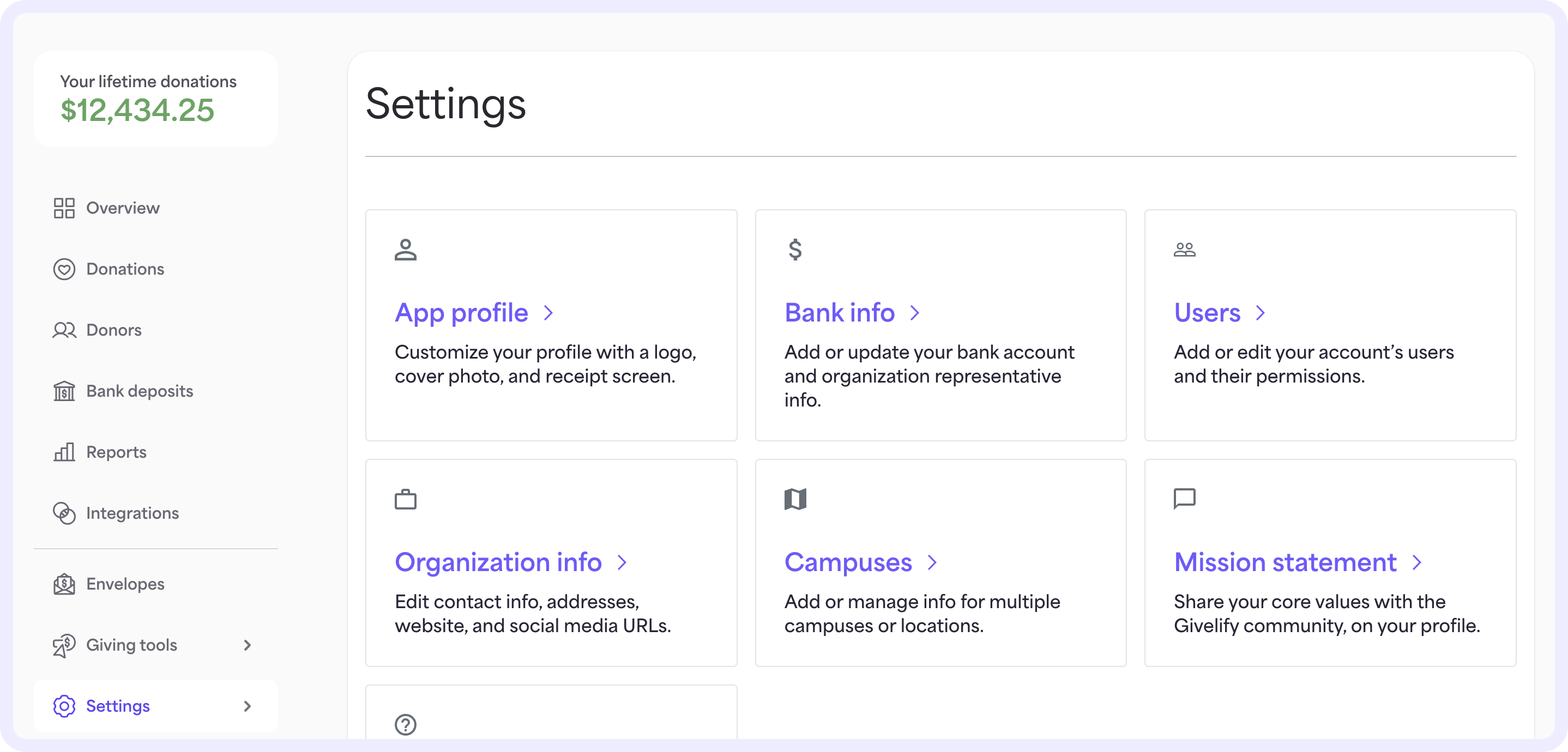 On the Settings page, you'll find everything you need to customize your Givelify giving app profile and manage your account. 