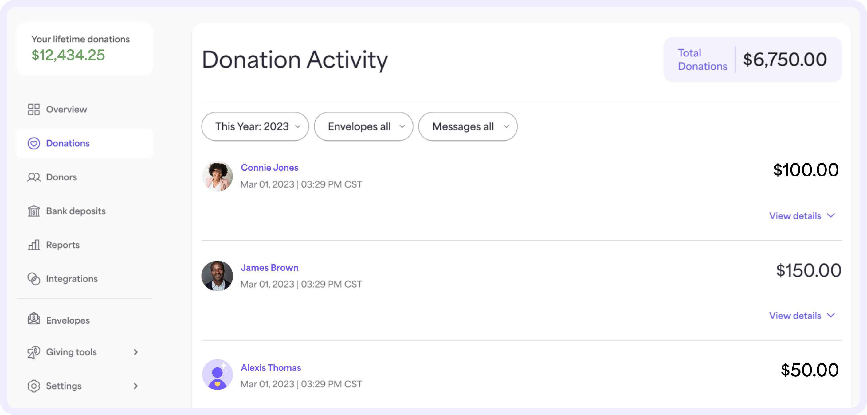 On the Donations page, you can see a more detailed view of your organization's donation activity.