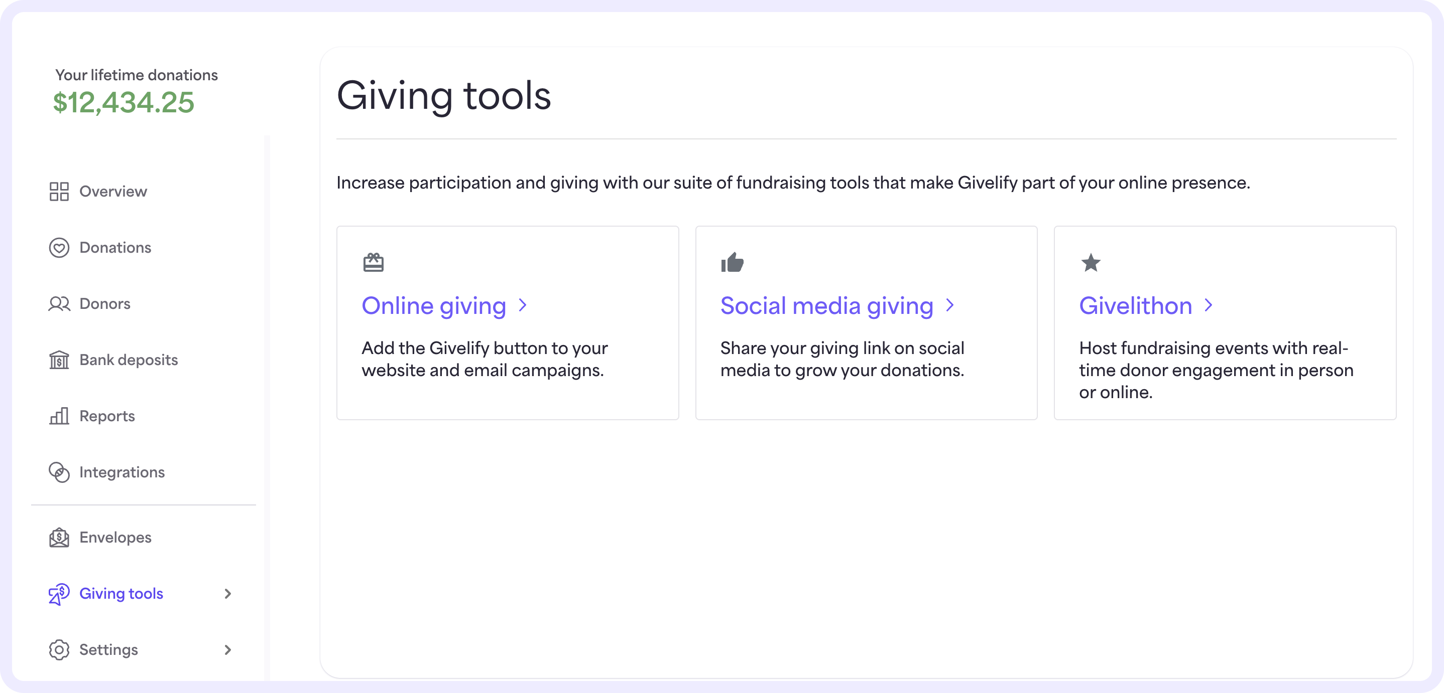 On the Giving tools page, you can access helpful tools like online giving, social media giving, and Givelithons.