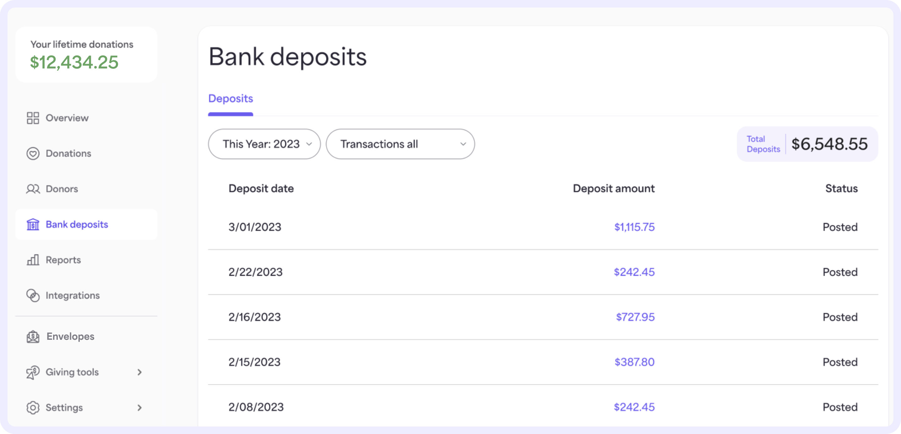 On the Bank deposits page, you can view all the deposits made to your place of worship.