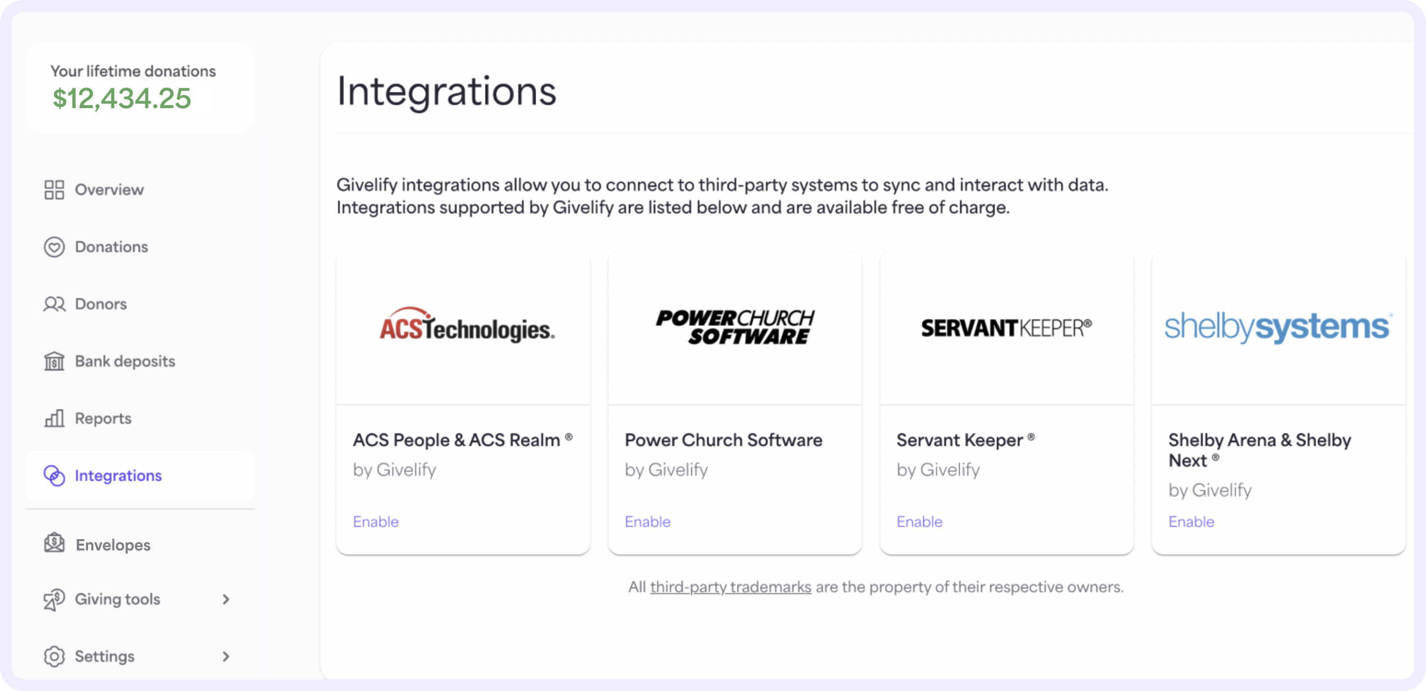 On the Integrations page, you can view the available integrations supported by Givelify.