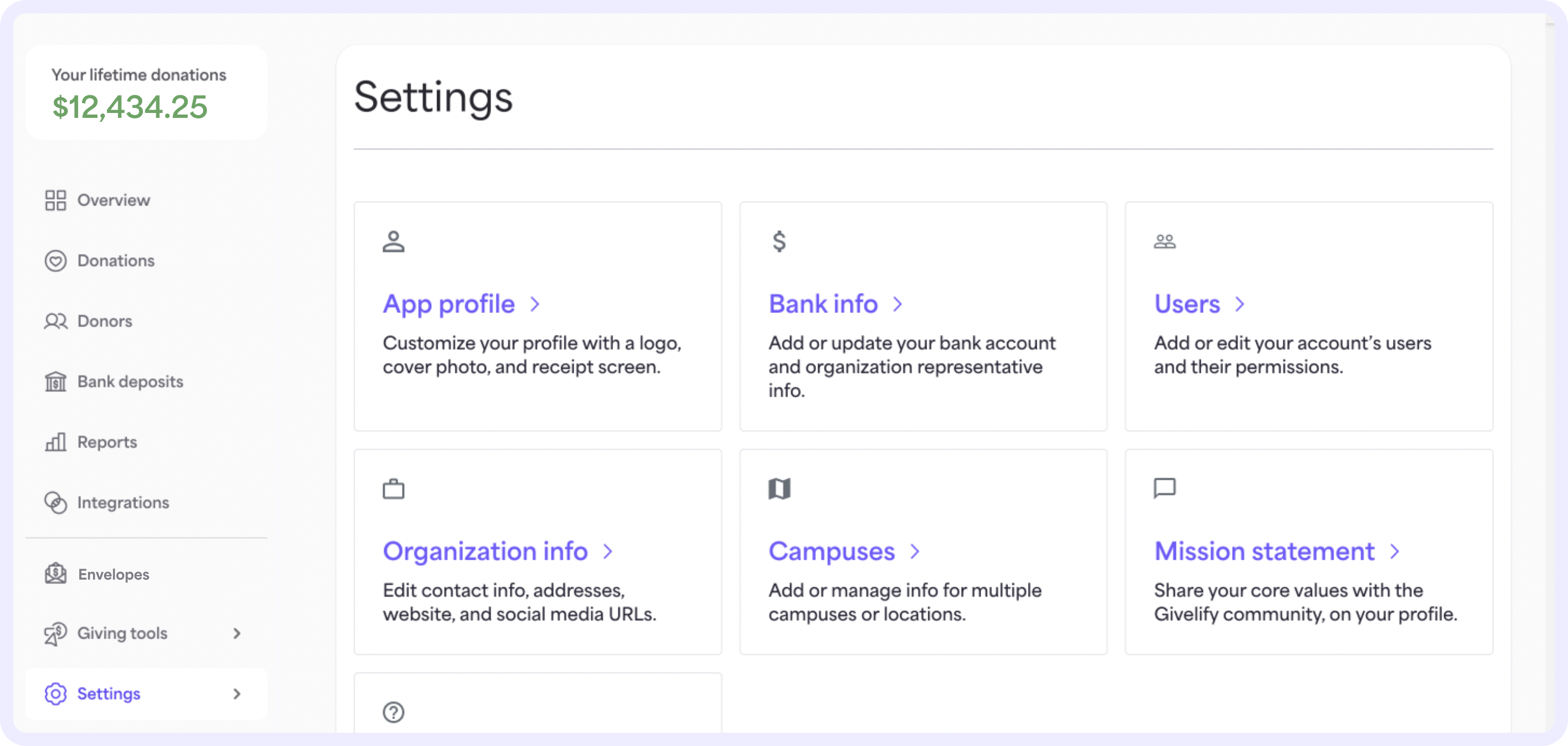 In this section of the Analytics Studio, you’ll find everything you need to customize your Givelify app profile and manage your account. Click the Settings tab at the bottom left of your screen to get started.