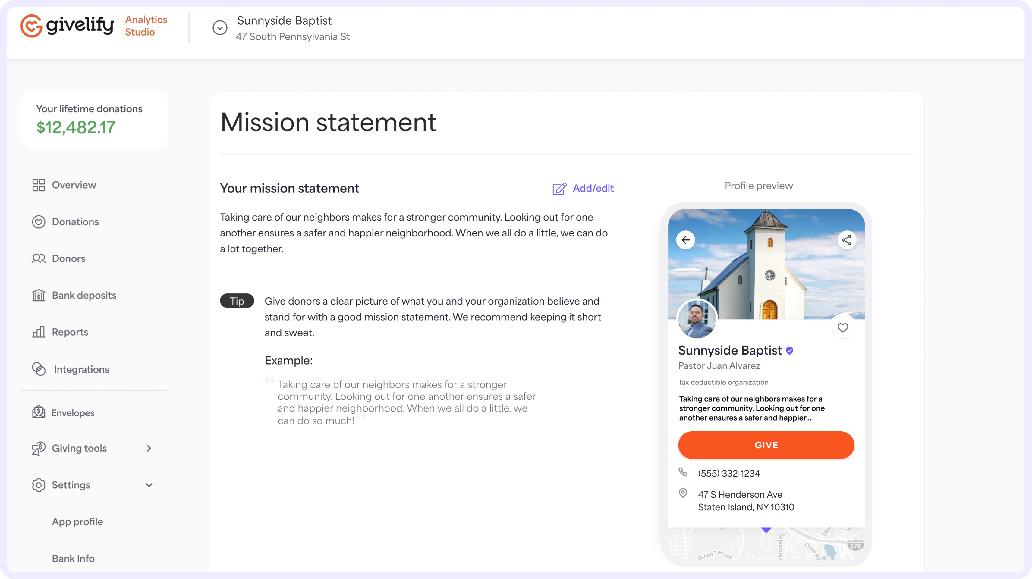 On the Mission statement page, you can add your place of worship’s mission statement to your giving app profile.