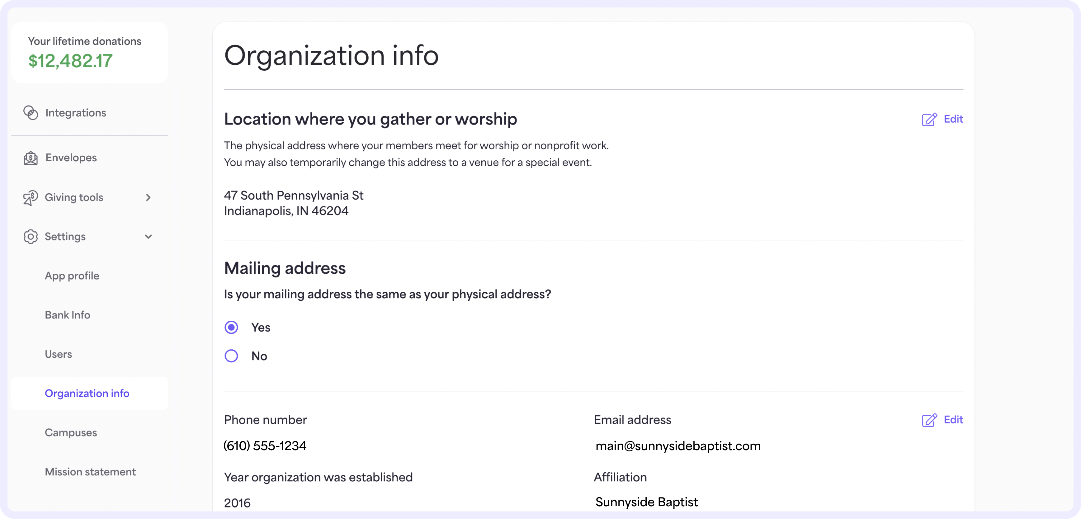 ‍On the Organization info page, you can make changes to the information displayed on your giving app profile.