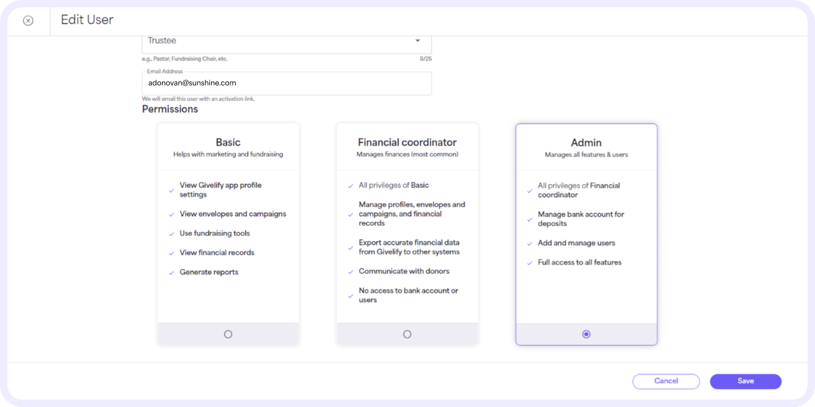 On the Edit User page, navigate to Permissions and select the permission to be granted to the user (basic, financial coordinator, or admin). ‍