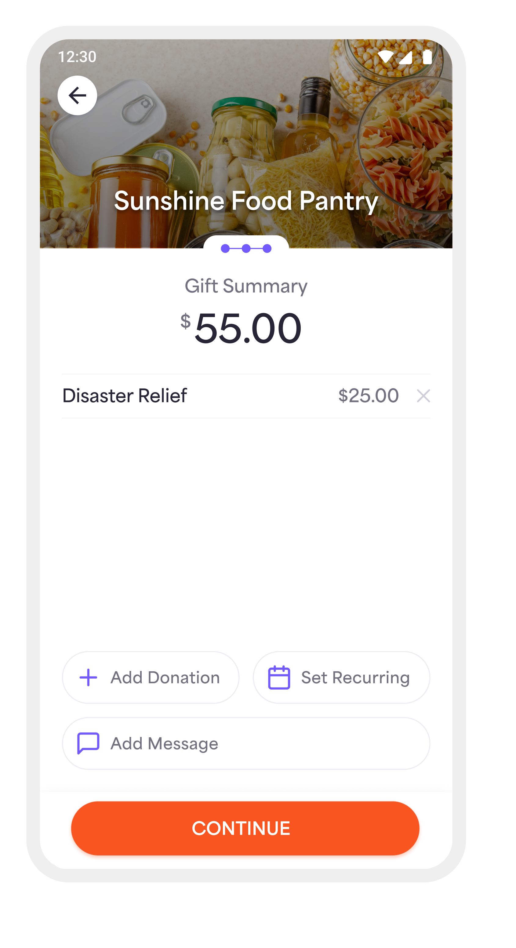 On the Gift Summary screen, you can add an additional donation to other campaigns, add a message to your donation, or set the donation as recurring. 