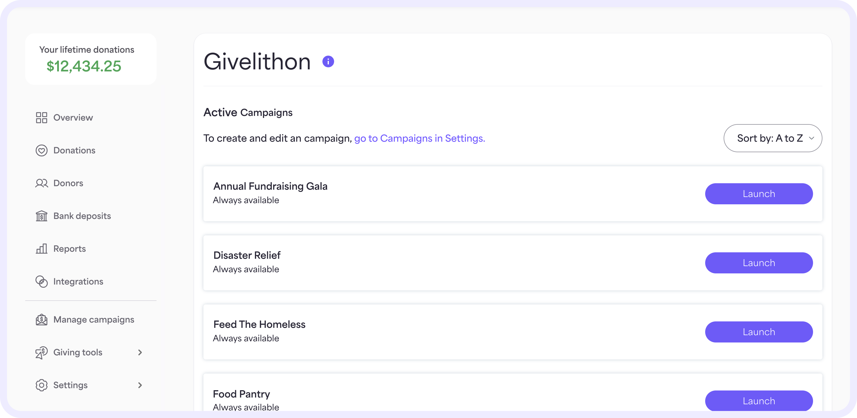 Under Active Campaigns, navigate to the campaign you want to present in a live Givelithon. Select Launch.