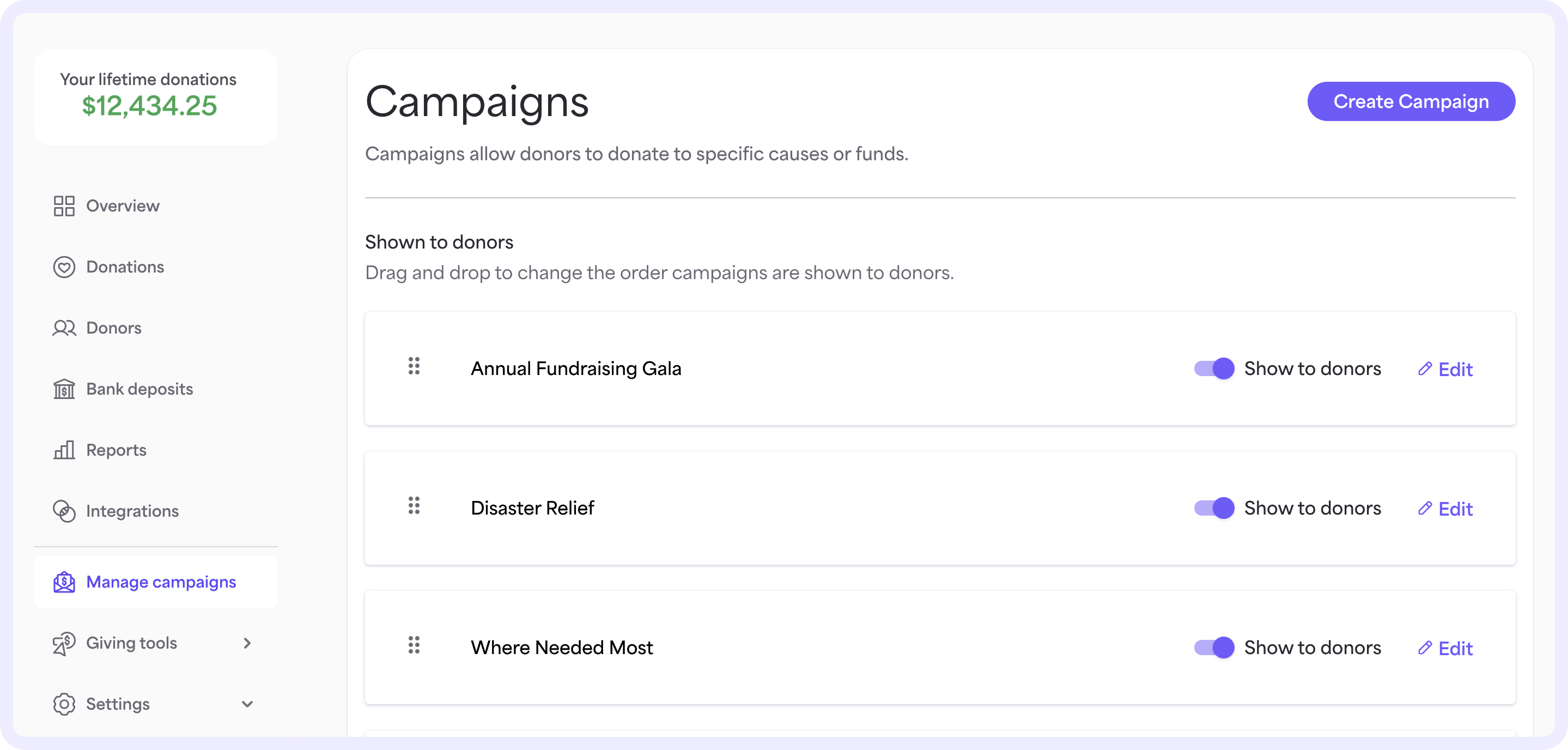 On the Manage campaigns page, you can view, create, and edit your fundraising campaigns. 