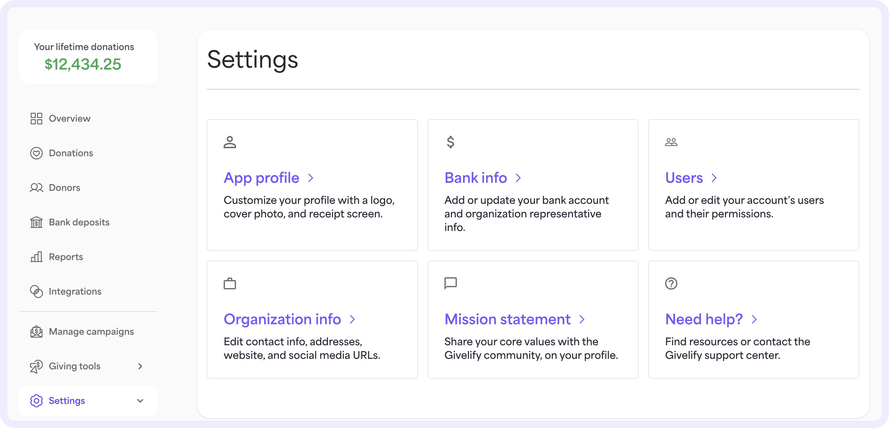 On the Settings page, you'll find everything you need to customize your Givelify giving app profile and manage your account.