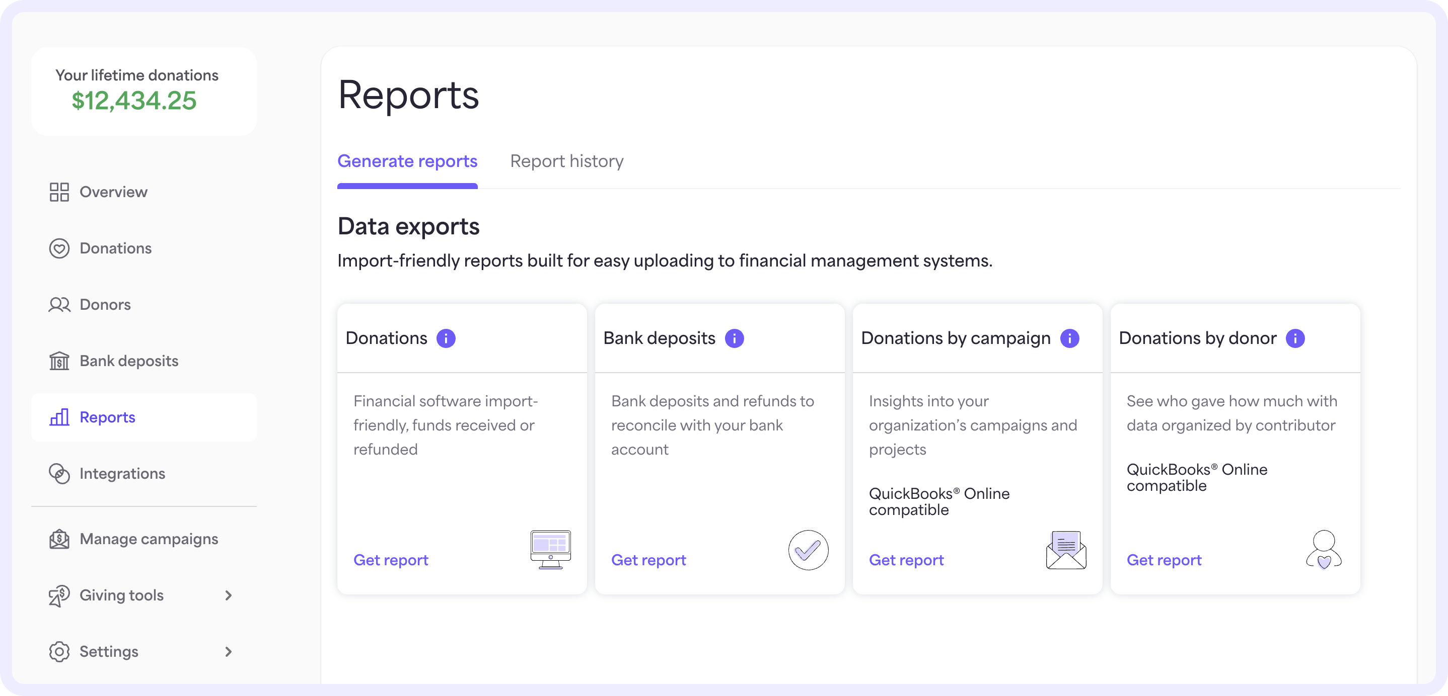 On the Reports page, you can generate various reports for your nonprofit or view your report history. 