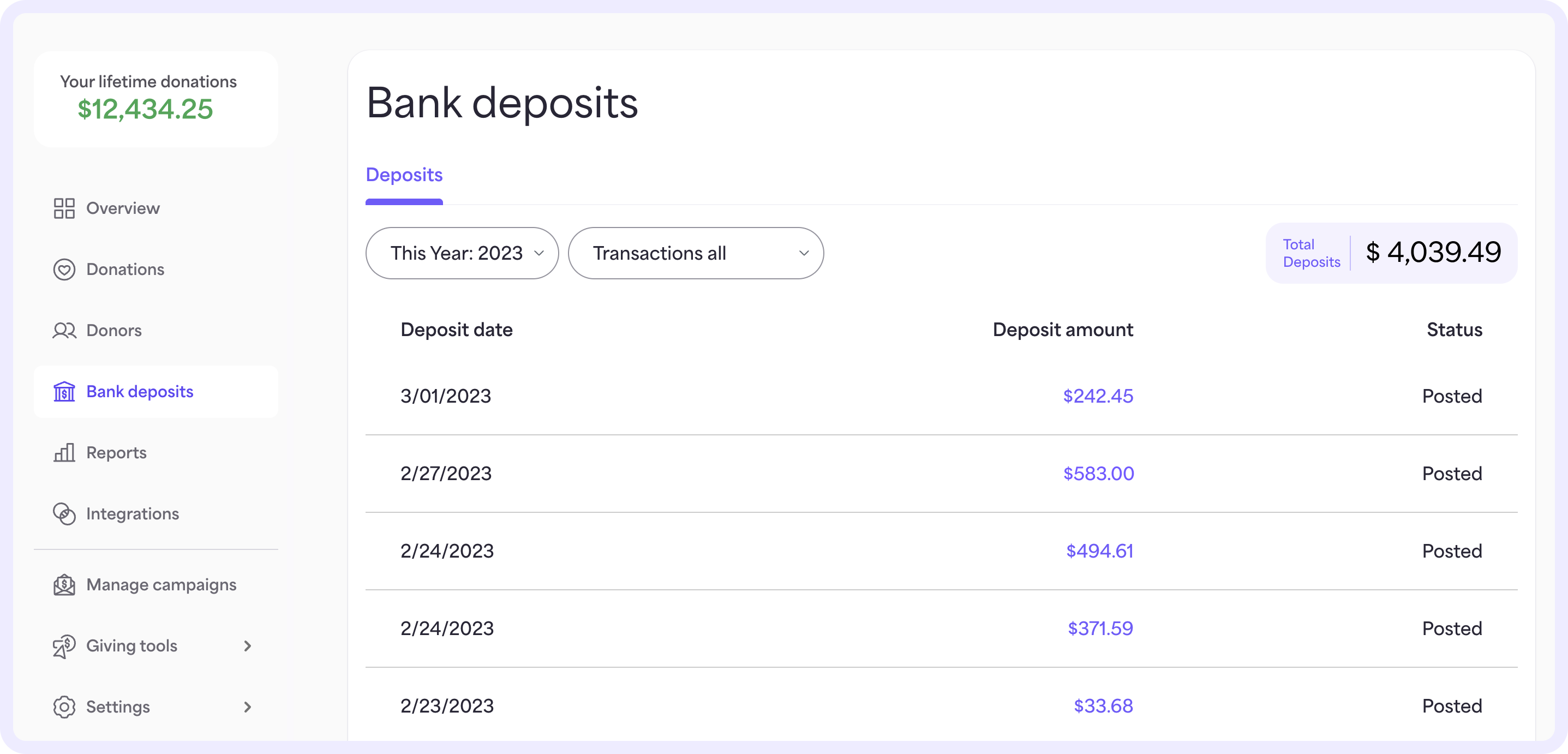 On the Bank deposits page, you can view all the deposits made to your organization.