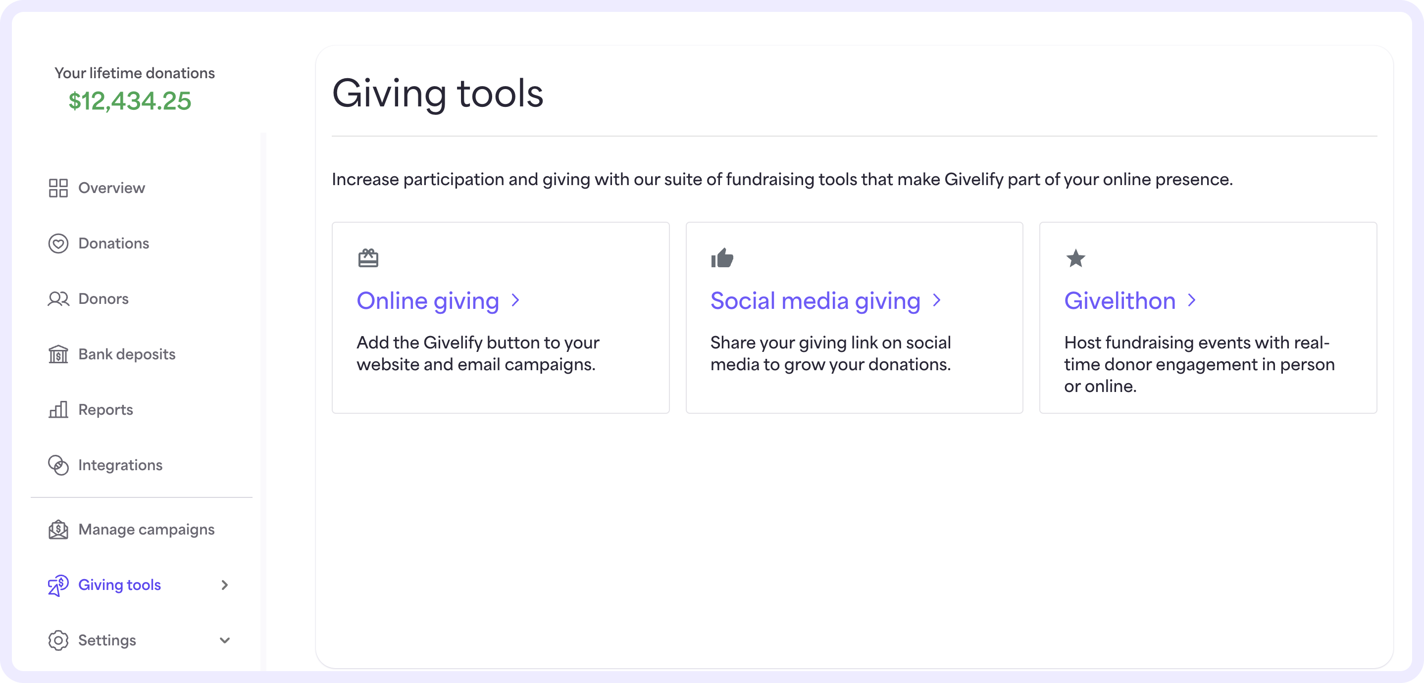 On the Giving tools page, you can access helpful tools like online giving, social media giving, and Givelithons.