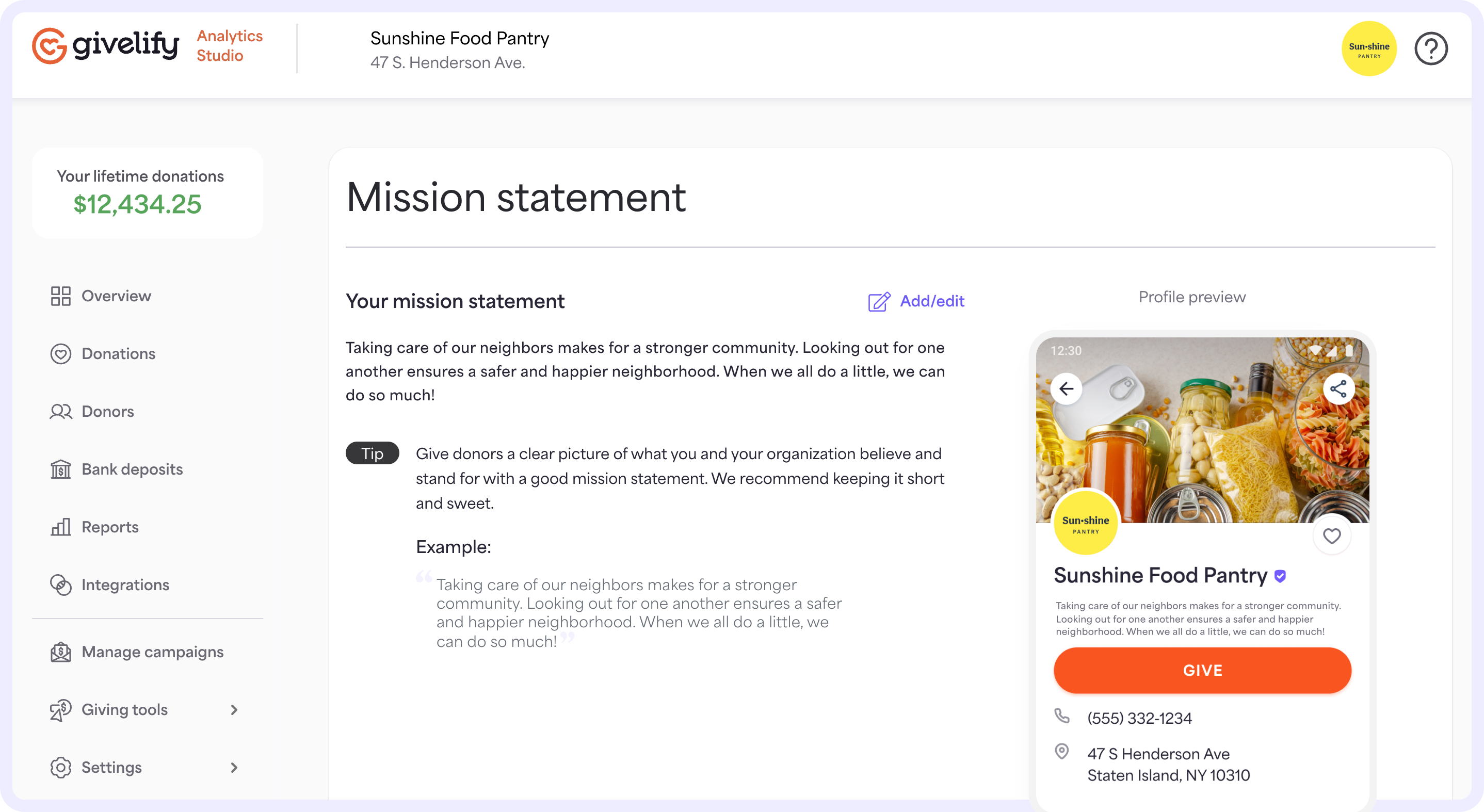 You can add your nonprofit’s mission statement to your giving app profile on the Mission statement page. 