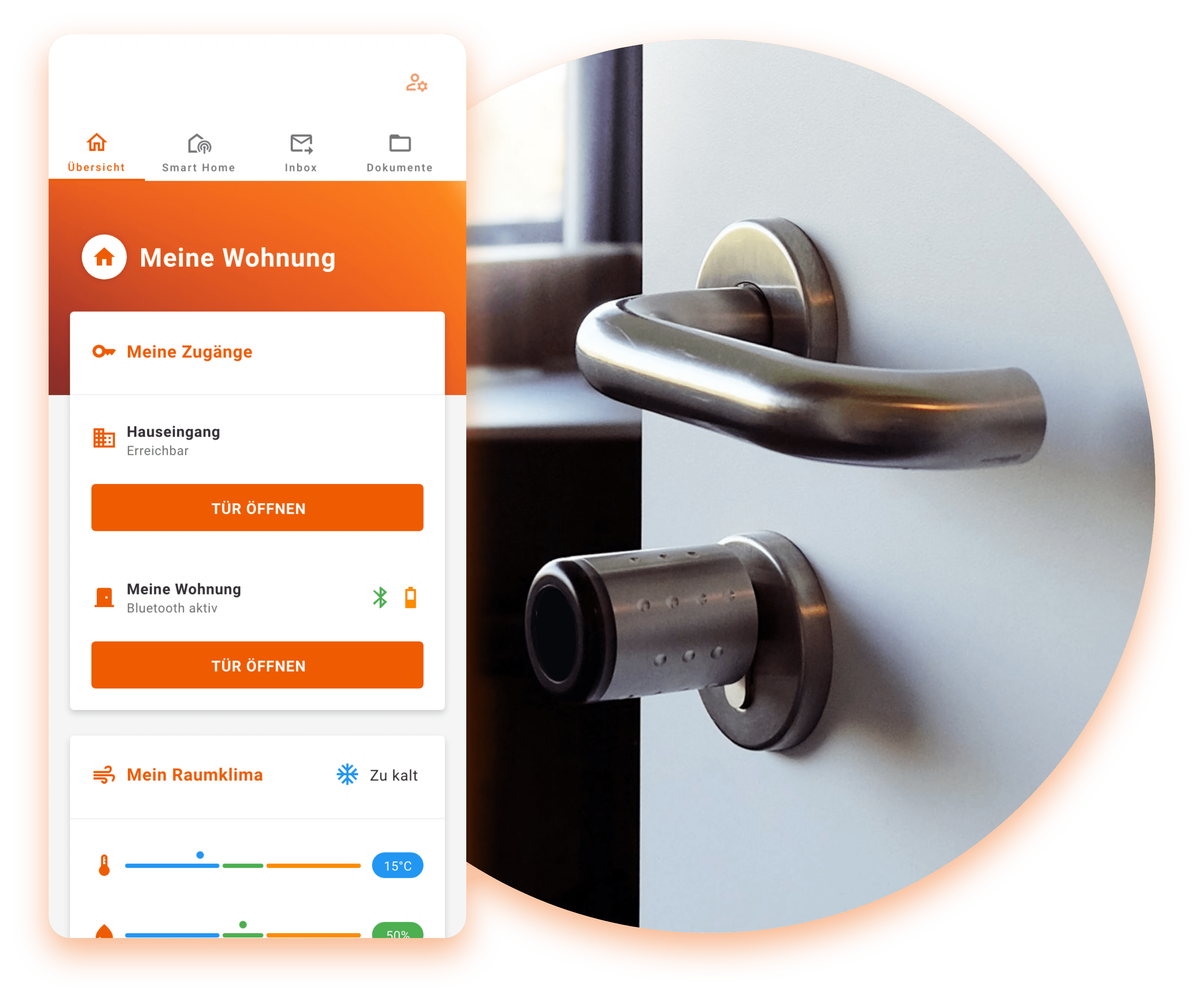 Image of a digital door cylinder with app screen via which such cylinders can be opened. 