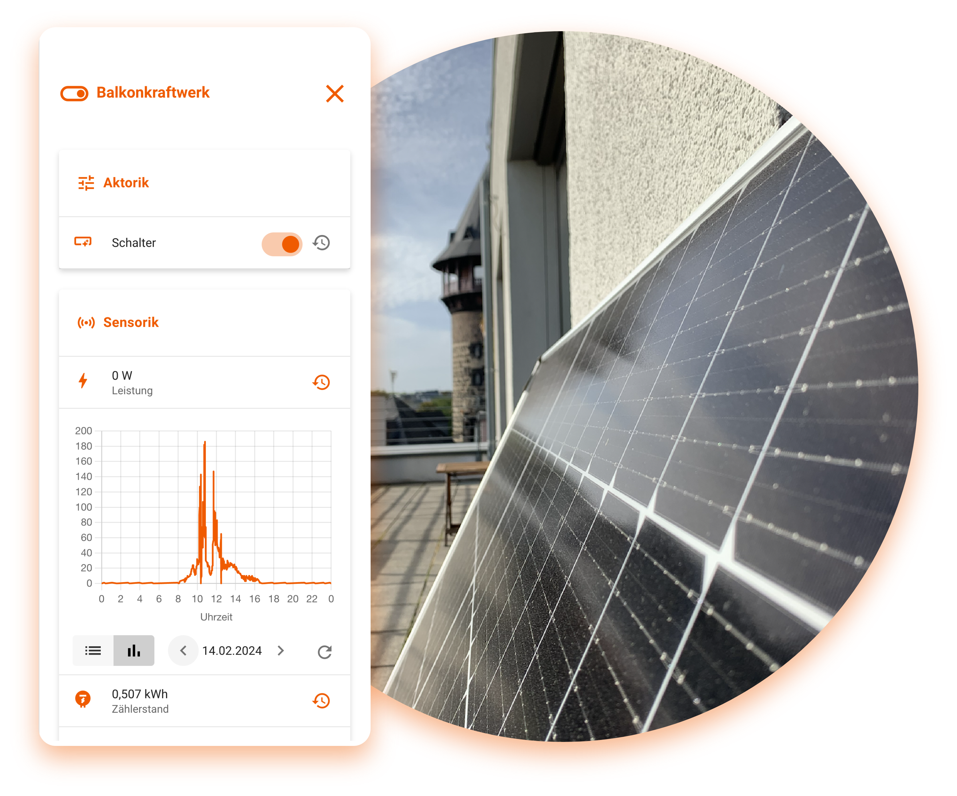 Balcony power station and screenshot of the app display