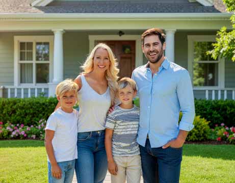 Familie steht vor ihrem neuen Haus und lächelt in die Kamera