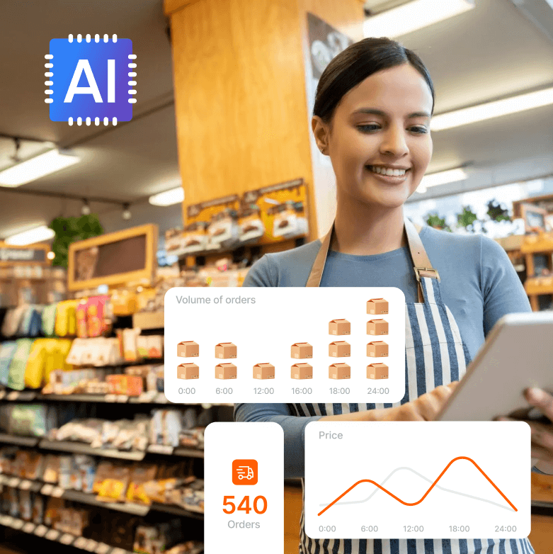 Supermarket worker searches for metrics on tablet