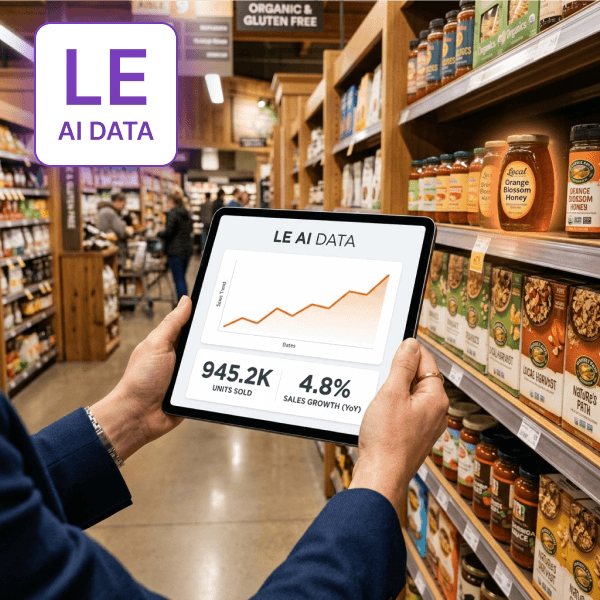 A person in a business suit holds a tablet while standing in a grocery store aisle. The tablet displays a retail analytics dashboard with the 'LE AI DATA' logo, a rising line chart, and key performance metrics including '945.2K' and '4.8%'. Store shelves stocked with products are visible in the background