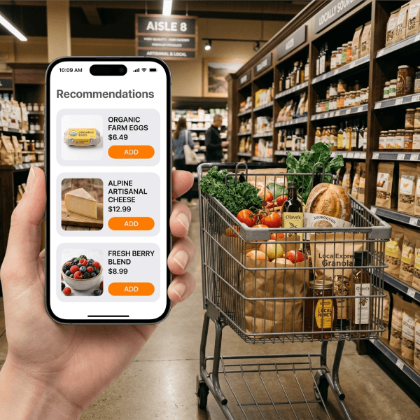 "A person holds a smartphone in a grocery store aisle. The phone screen displays a recommendation app featuring suggested products with images, prices, and orange action buttons. In the background, a shopping cart filled with groceries, including fresh vegetables and packaged items, is parked beside fully stocked store shelves.