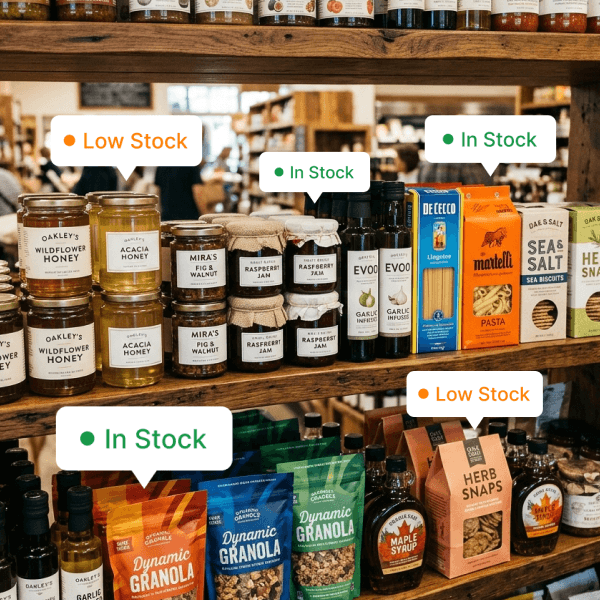 Wooden retail shelves stocked with packaged food products, jars, seasonings, and pantry items. Several inventory status labels are displayed above products, indicating 'In Stock' in green and 'Low Stock' in orange. The image illustrates real-time inventory monitoring and stock management in a grocery store.