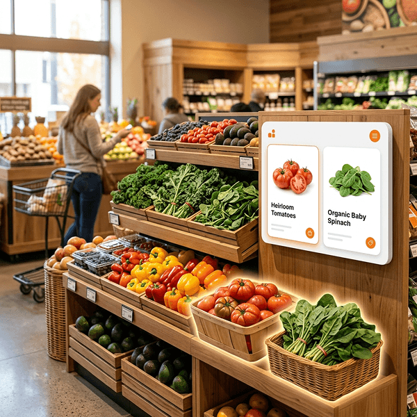 "A fresh produce section in a grocery store featuring neatly arranged baskets of vegetables and fruits, including leafy greens, tomatoes, peppers, and avocados. A digital display mounted beside the produce shows product information cards for vegetables, including images and item details. A shopper is browsing produce in the background.