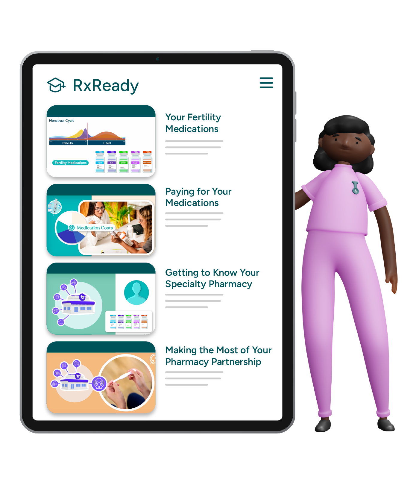 RxReady education overview covering fertility medications, costs, specialty pharmacies, pharmacy selection, and patient resources