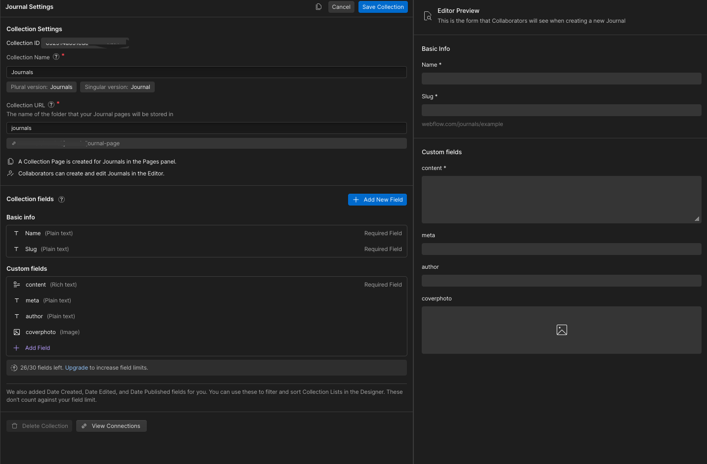 webflow collection setting