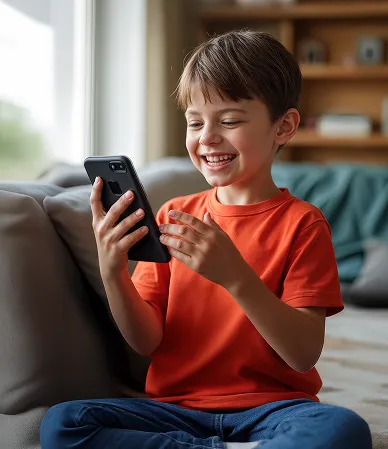 A boy with dark hair looks at his phone and smiles. 