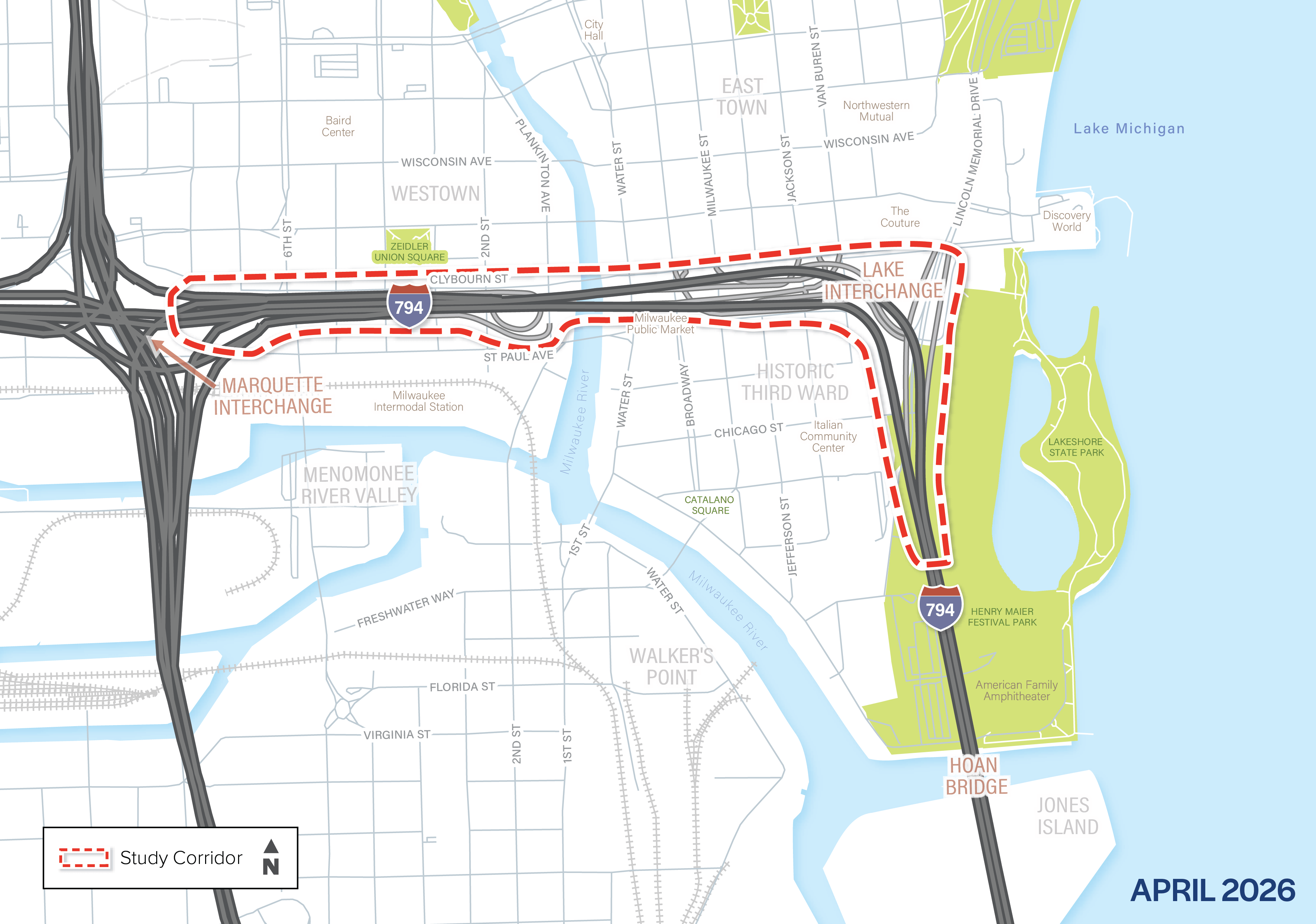 A map showing the I-794 Lake Interchange freeway corridor, generally from the Milwaukee River to the Hoan Bridge, located between the Historic Third Ward neighborhood and Downtown Milwaukee.