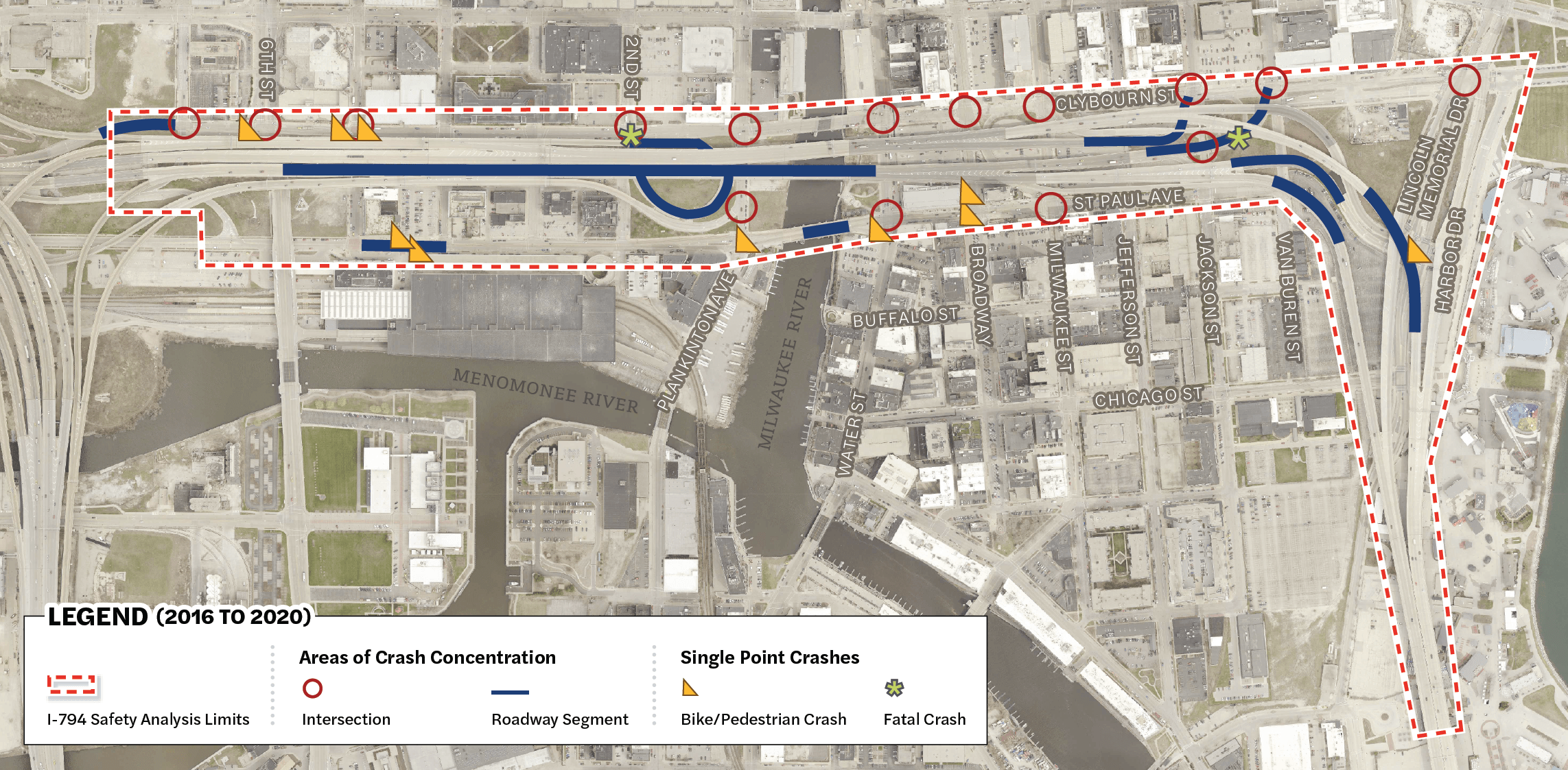 A map of I-794 freeway corridor that shows areas of crash concentration and single-point bicycle, pedestrian and fatal crashes between 2016 and 2020.