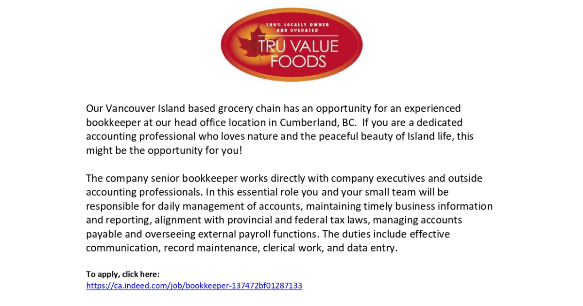 Work with us! Experienced Bookkeeper (Cumberland, BC)