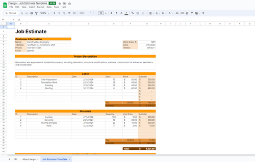 Free Construction Job Estimate Template