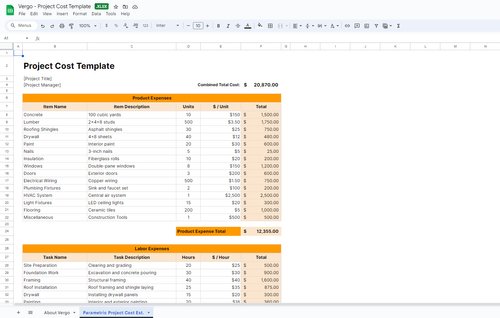 Construction Project Cost Template