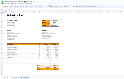 Construction Bill To Invoice Template