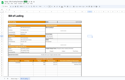 Construction Bill of Lading Template