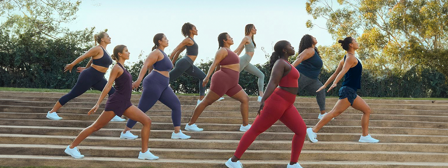 Athleta e-commerce campaign banner featuring a model in motion wearing activewear