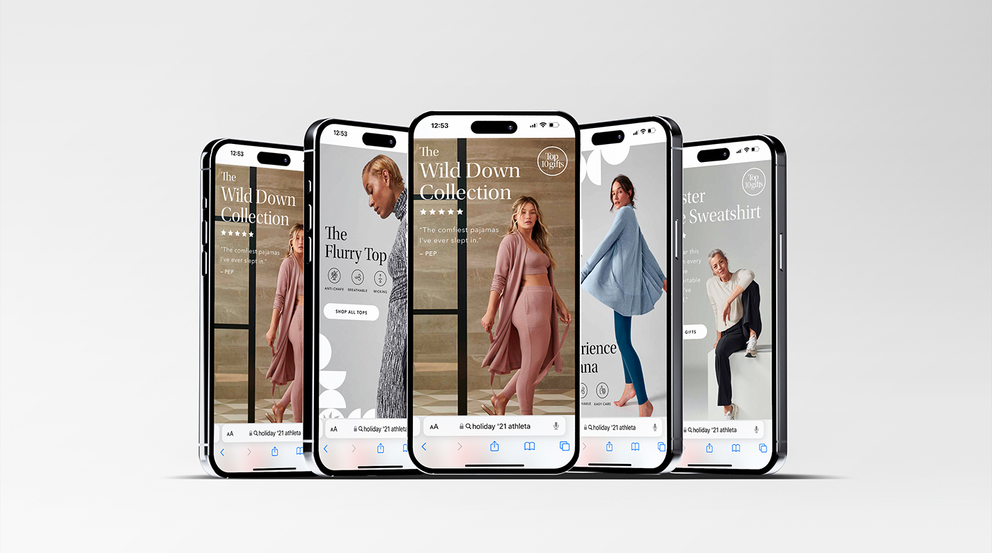 Mobile screen from Athleta Holiday 2021 e-catalog by Rhee Design, showcasing the collection in a mobile-optimized layout.