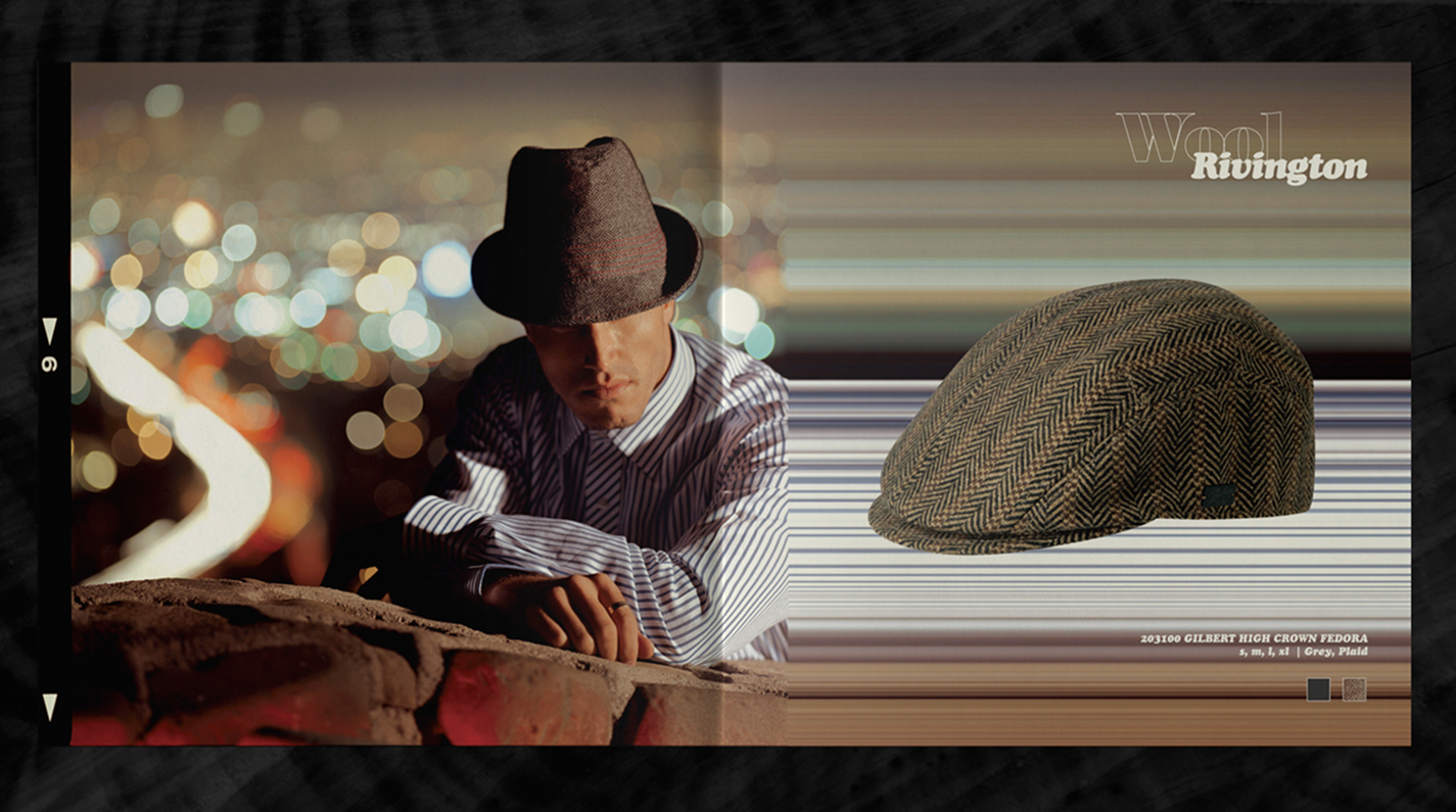 Product campaign for Bailey Hats featuring the Wool Rivington collection. On the left, a man in a striped shirt and dark fedora leans on a stone wall with a blurred cityscape behind him. On the right, a close-up product shot highlights a brown herringbone 